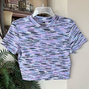 H&M Divided Crop Top Short Sleeve Ribbed Knit Stretch Crew Neck 90's Y2K Marled